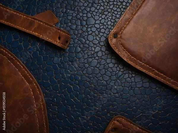Fototapeta Brown leather bag, matching strap rest on textured blue surface resembling reptile skin, creating contrast of colors, textures. Leather items feature visible stitching details.