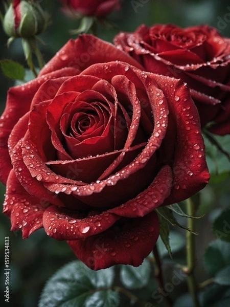 Fototapeta Vibrant red rose with water droplets adorns center of image, its petals unfurling elegantly amidst backdrop of dark green foliage. Roses rich color contrasts strikingly against leaves.