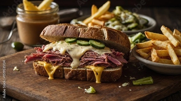Fototapeta Sandwich with melted cheese, slices of beef placed on wooden cutting board, accompanied by side of french fries, pickles. Sandwich cut in half, revealing layers of meat, cheese.