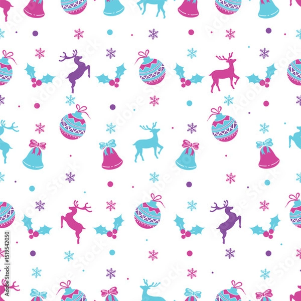 Fototapeta Vector decorative Christmas and new year Seamless Pattern. Christmas ornamental silhouette balls, deers, snowflakes, holly berries and bells texture background holiday greeting card backdrop template.