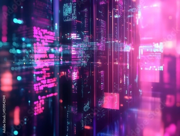 Fototapeta An abstract background featuring digital code and data flow visualizations, representing the complexity of software development with detailed holographic elements.