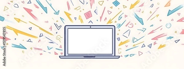 Obraz Colorful illustration of a laptop with a white screen, surrounded by digital marketing icons and colorful arrows on a light background.