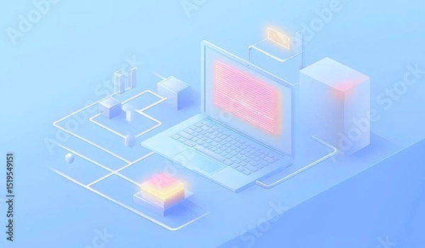 Obraz Isometric illustration of a laptop with code on the screen and a connected network, a data flow diagram, against a blue background with a light neon color palette,