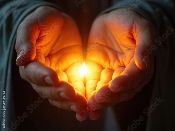 Fototapeta Light through the palms of your hands in ultraviolet, God and religion. Divine light through hand fingers, prophet Muhammad.