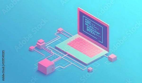 Obraz Isometric illustration of a laptop with code on the screen and a connected network, a data flow diagram, against a blue background with a light neon color palette,