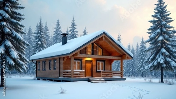 Fototapeta Cozy log cabin in the woods with a snow-covered roof. The cabin is surrounded by trees and has a porch. Concept of warmth and comfort, as well as a connection to nature