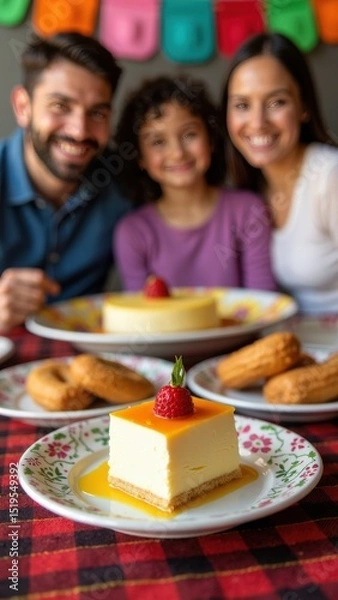 Fototapeta A joyful family gathers around a table filled with delicious Mexican desserts like tres leches cake and churros, all smiling and engaging with the camera.
