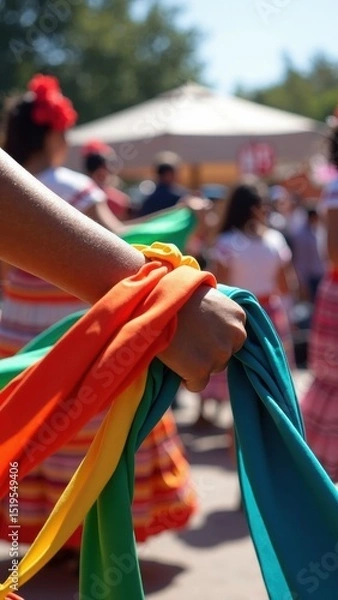 Fototapeta A dancer hands grasp colorful ribbons as they engage in a Mexican folk dance, showcasing vibrant colors and festive energy filled with cultural pride.