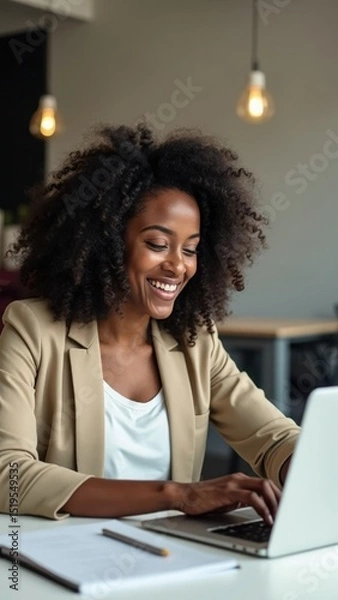 Fototapeta African american woman with a bright smile is focused on her laptop in a modern office setting, showcasing a positive work environment during the day.