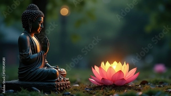 Fototapeta Vesak, Buddha Purnima. Statue of Buddha is sitting on the ground next to a pink flower. The scene is peaceful and serene, with the statue