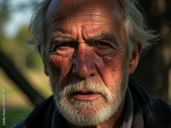 Fototapeta An elderly man listens intently to a lamentation song, tears streaking his weathered face, illuminated by dappled sunlight filtering through tree branches.