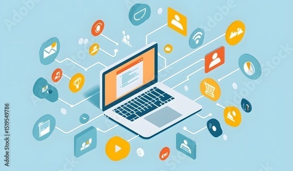 Obraz Laptop with colorful icons and symbols representing digital marketing, on a white background, in a vector illustration style. The laptop is centered in the middle of an abstract geometric 