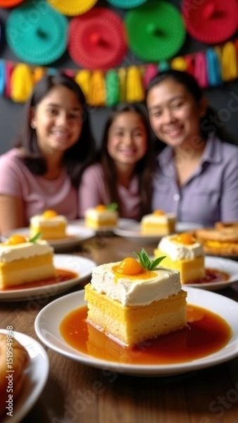 Fototapeta Three friends gather around a table filled with scrumptious Mexican desserts, including tres leches cake and churros, celebrating together in a colorful setting.