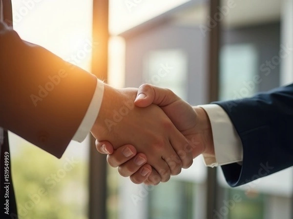 Fototapeta Two men shake hands in a business meeting. The handshake is a symbol of agreement and trust. The men are dressed in suits. The setting is a window