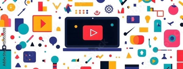 Fototapeta Laptop with colorful icons and symbols representing digital marketing, on a white background, in a vector illustration style. The laptop is centered in the middle of an abstract geometric 