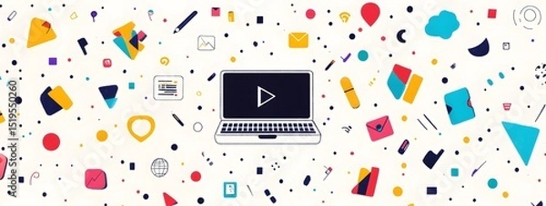 Obraz Laptop with colorful icons and symbols representing digital marketing, on a white background, in a vector illustration style. The laptop is centered in the middle of an abstract geometric 