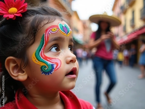Fototapeta A child face, adorned with colorful traditional Mexican designs, reflects joy and wonder while watching street performers at a bustling fair.