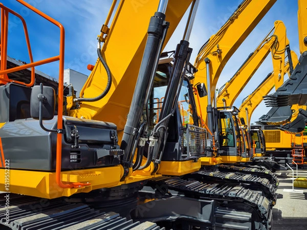 Obraz Heavy construction machinery lined up at a construction site under blue sky with minimal clouds