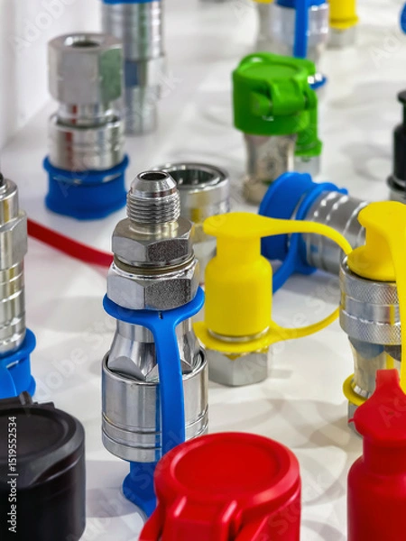 Obraz Brightly colored industrial fittings and connectors arranged on a clean surface in a workshop setting showcasing modern engineering tools