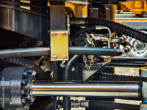 Fototapeta Close-up view of hydraulic system components on construction machinery at a work site