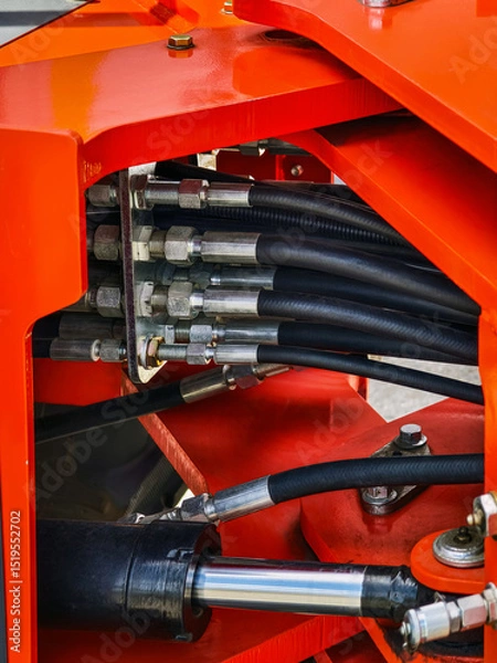 Obraz Detailed view of hydraulic system components in heavy machinery