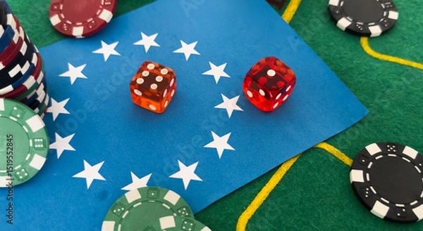 Fototapeta Dice, chess pieces, playing cards, wooden checkers and dominoes for board games on a light table. flag of the European Union