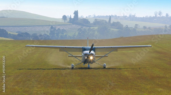 Fototapeta high wing propellor driven aircraft taking off a grass runway viewed nose on