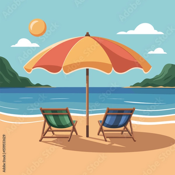 Fototapeta A peaceful beach scene featuring two lounge chairs beneath a striped umbrella with a sun ocean and rolling hills background.