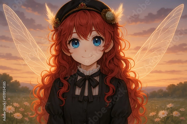 Fototapeta Charming anime fairy girl with glowing wings and vibrant red curls in a vintage black dress, standing peacefully in a flower meadow under a magical sunset sky.