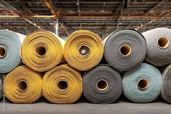 Obraz Neatly stacked rolls of colorful textiles fill a warehouse, highlighting the efficient storage and organization of materials essential to the textile industry and its logistics