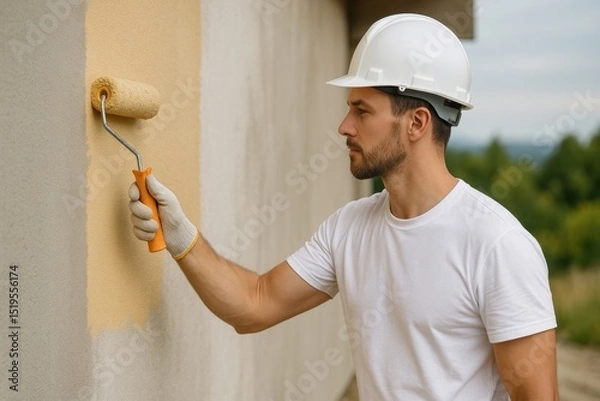 Obraz A construction worker in a hard hat and gloves uses a paint roller to apply yellow paint to the exterior wall of a house. The setting is a suburban area with trees in the background
