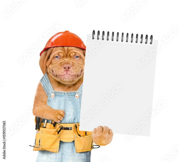 Obraz Smiling Mastiff puppy wearing hatdhat and denim overalls with tool belt shows empty list. Isolated on white background