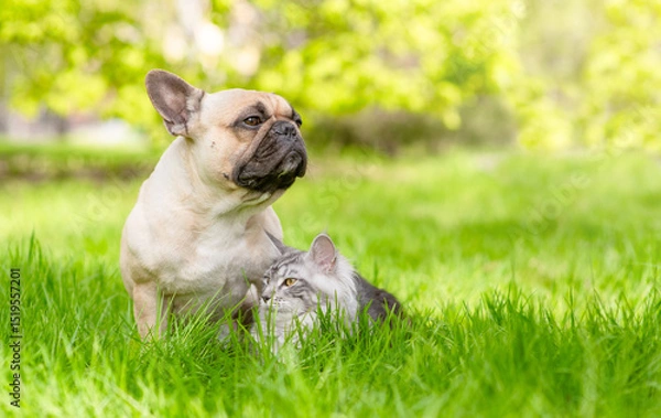 Obraz French bulldog and Maine coon cat walk on green summer grass and looking away on empty space