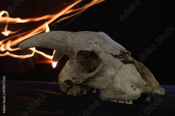 Obraz animal skull on a dark background with bright
fiery flames around
