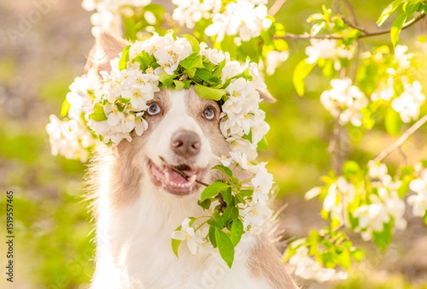 Obraz Happy Border Collie puppy wearing wreath of apple blossoms holds a bouquet in it mouth at sunny spring park. Empty space for text