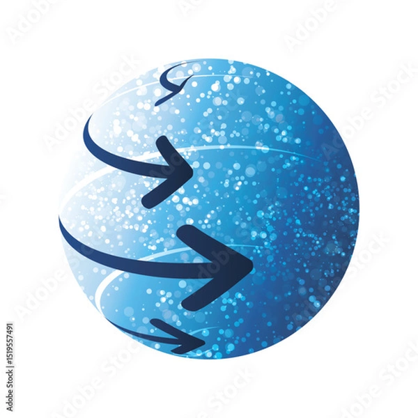Fototapeta An abstract 3d glittering spinning sphere design with and directional arrows sweeping across its surface, symbolizing digital flow, data movement, or global connectivity on a clean white background.