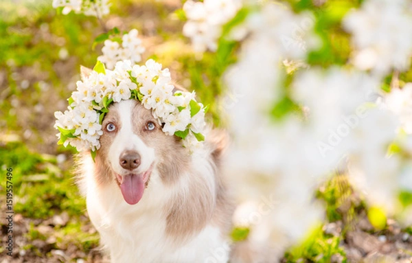 Obraz Cute Border Collie puppy wearing wreath of apple blossoms sitting at sunny spring park. Empty space for text