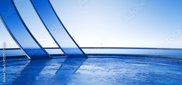 Fototapeta Geometric architecture with wavy design, car presentation. Futuristic design made of metal, glass and concrete for your design. Abstract minimal architecture background. 3d render.