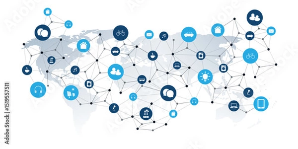 Fototapeta A vector graphic illustrating IoT and global connectivity. A world map is overlaid with a network of nodes and icons representing smart devices and services, suggesting an interconnected digital world