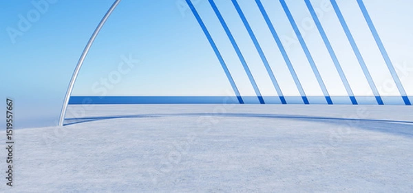 Fototapeta Minimal architecture background. Geometric architecture with wavy design. Futuristic metal, glass and concrete design for your design. Light garage for car presentation. 3d render.