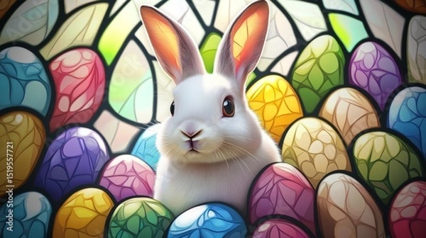 Fototapeta Lovely fluffy bunny with easter eggs on multicolored stained glass background. Symbol of easter day festival