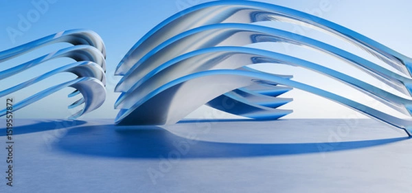 Fototapeta Light garage for car presentation. Podium for your product. Minimal geometric background made of chrome metal. Futuristic design made of chrome metal for your design. 3D render.