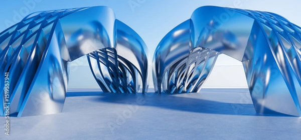 Fototapeta Podium for your product. Light garage for car presentation. Futuristic design made of chrome metal for your design. Minimal geometric background made of chrome metal. . 3D render.