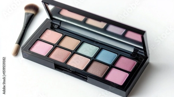 Obraz Open eyeshadow palette with a makeup brush