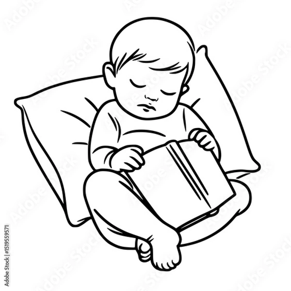 Obraz Sleeping baby reading a book on a pillow in a cozy setting - Concept of single line outline vector  