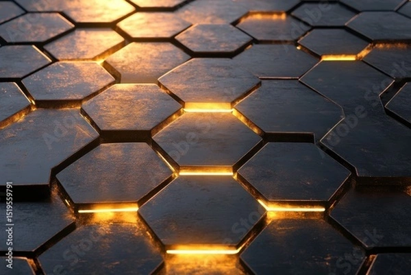 Fototapeta Abstract dark metal hexagon pattern with glowing lines.
