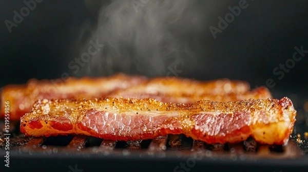 Fototapeta Close up of delicious bacon cooking on a grill.
