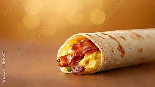 Fototapeta Close up of a savory breakfast burrito filled with crispy bacon, fluffy scrambled eggs, and melted cheese. Perfect for a quick and satisfying morning meal.