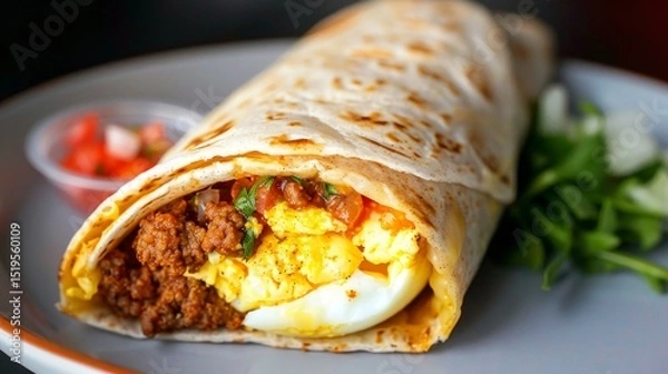 Fototapeta Close up of a savory breakfast burrito with eggs, meat, and salsa.  Perfect for a quick and satisfying morning meal.