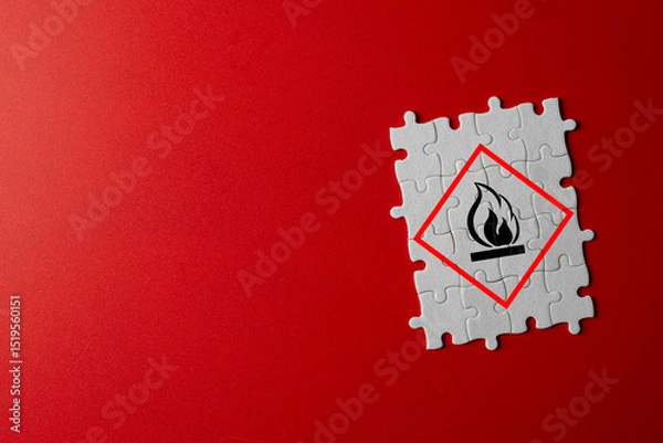 Obraz White puzzle pieces forming a flammable warning sign on red background.,Symbolizes risks, danger alerts for combustible substances,chemical warnings, workplace precautions,attention sign industrail.